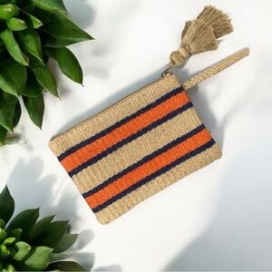 J.Jill Jute Orange Navy Tan Striped Woven Clutch with Tassel